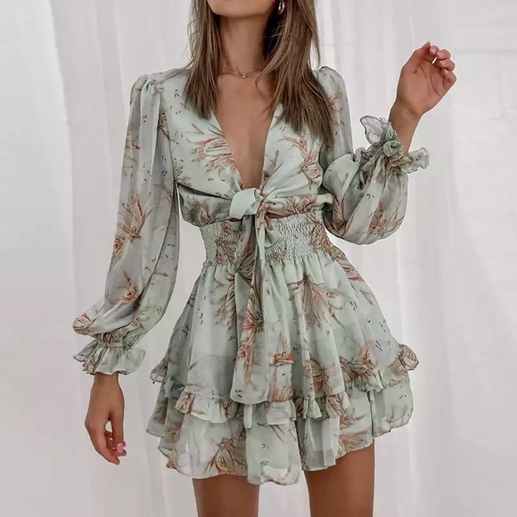 Boho V Neck Ruffles Sexy Chiffon Print Mini Dress - Picture 3 of 6
